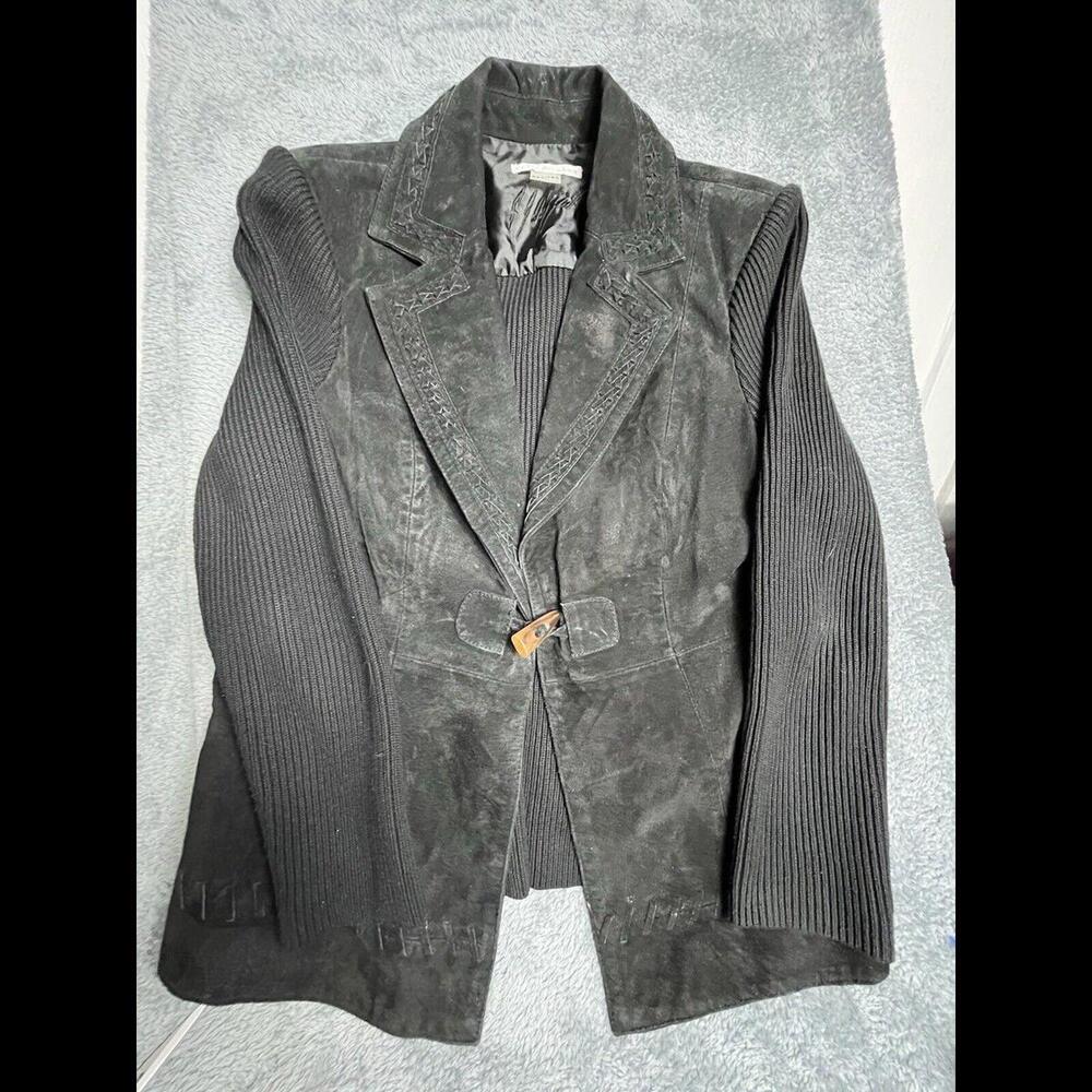Peter Nygard Black Leather Knit Full Zip‎ Long Sleeve Sweater Jacket Women's Med